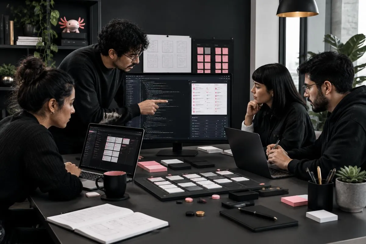 Equipo de desarrollo colaborando en una solución digital