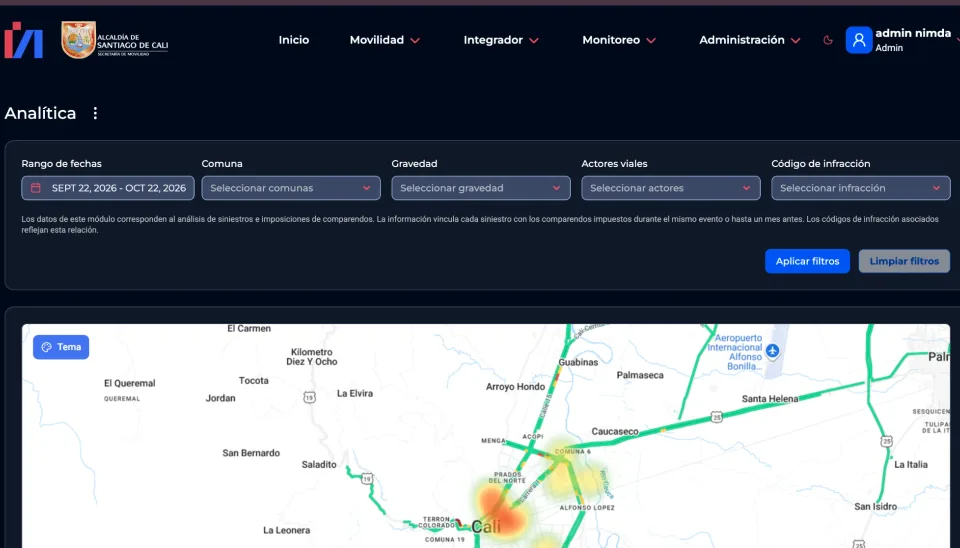 Mapa de calor de siniestros viales en la plataforma de monitoreo de movilidad urbana
