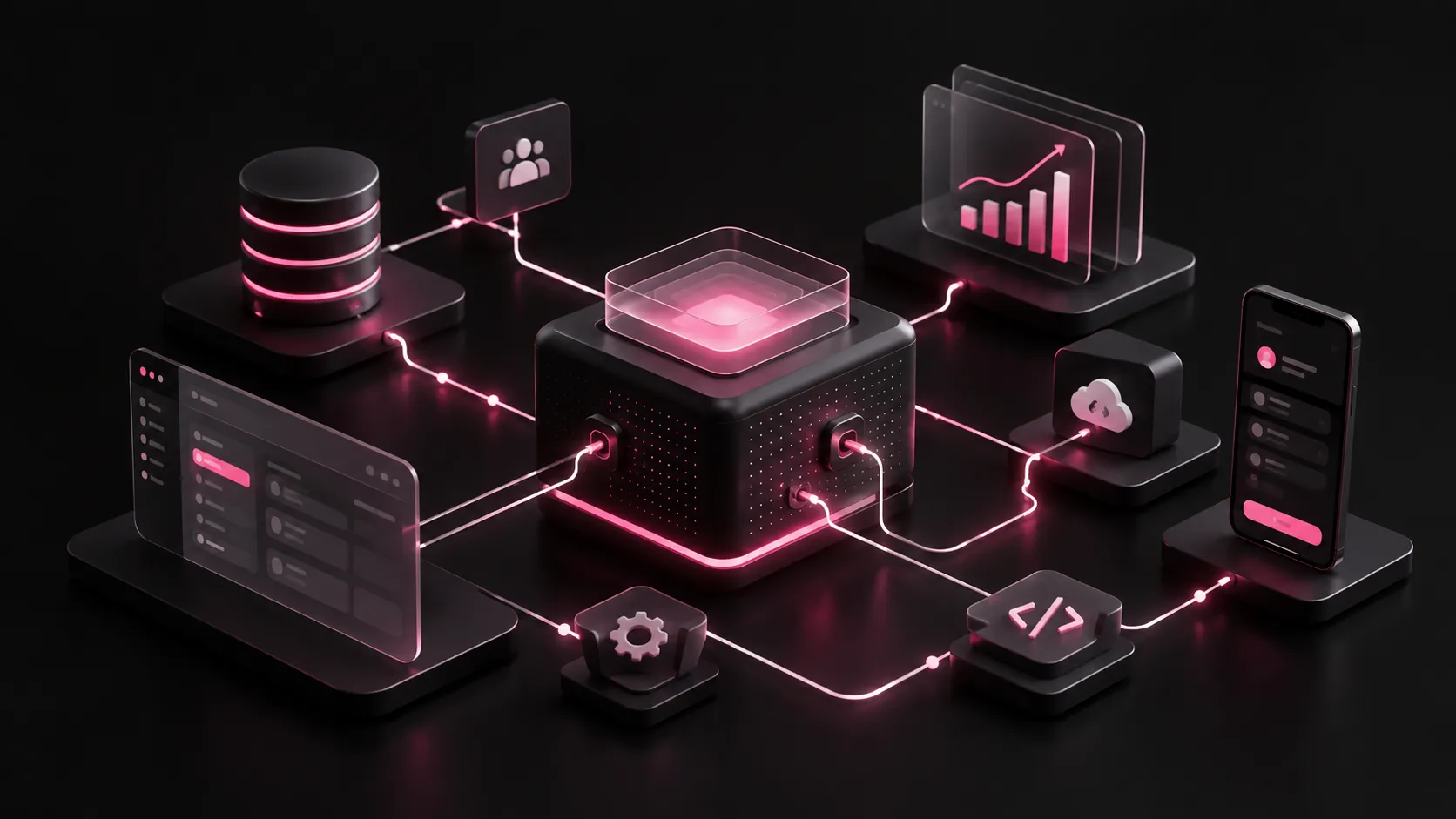 Ecosistema de software conectado con paneles, datos y aplicación móvil