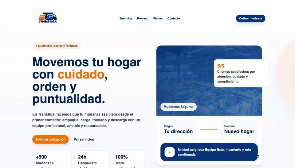 Vista animada del sitio web de Transtiga